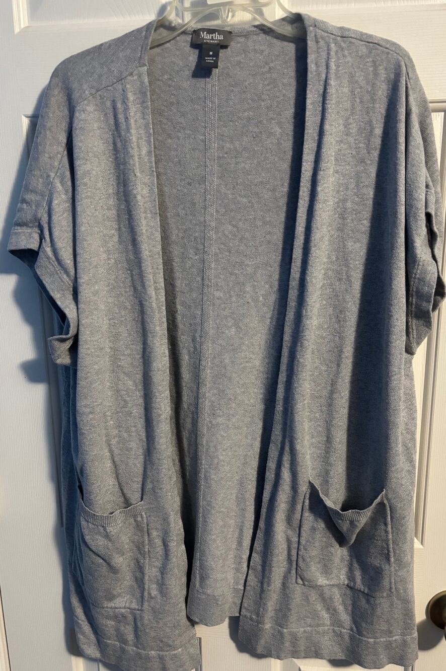 Martha Stewart Cardigan Sweater Womens Medium M Gray Short Sleeve Pocket